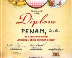Diplom za 1. místo v soutěži O nejlepší chléb Zlínského kraje