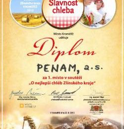 Diplom za 1. místo v soutěži O nejlepší chléb Zlínského kraje