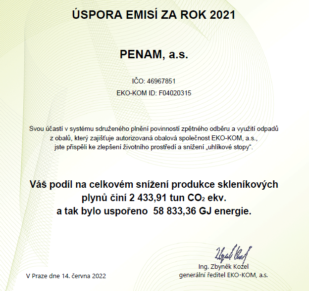 Penam myslí na přírodu! Úspora emisí za rok 2021.